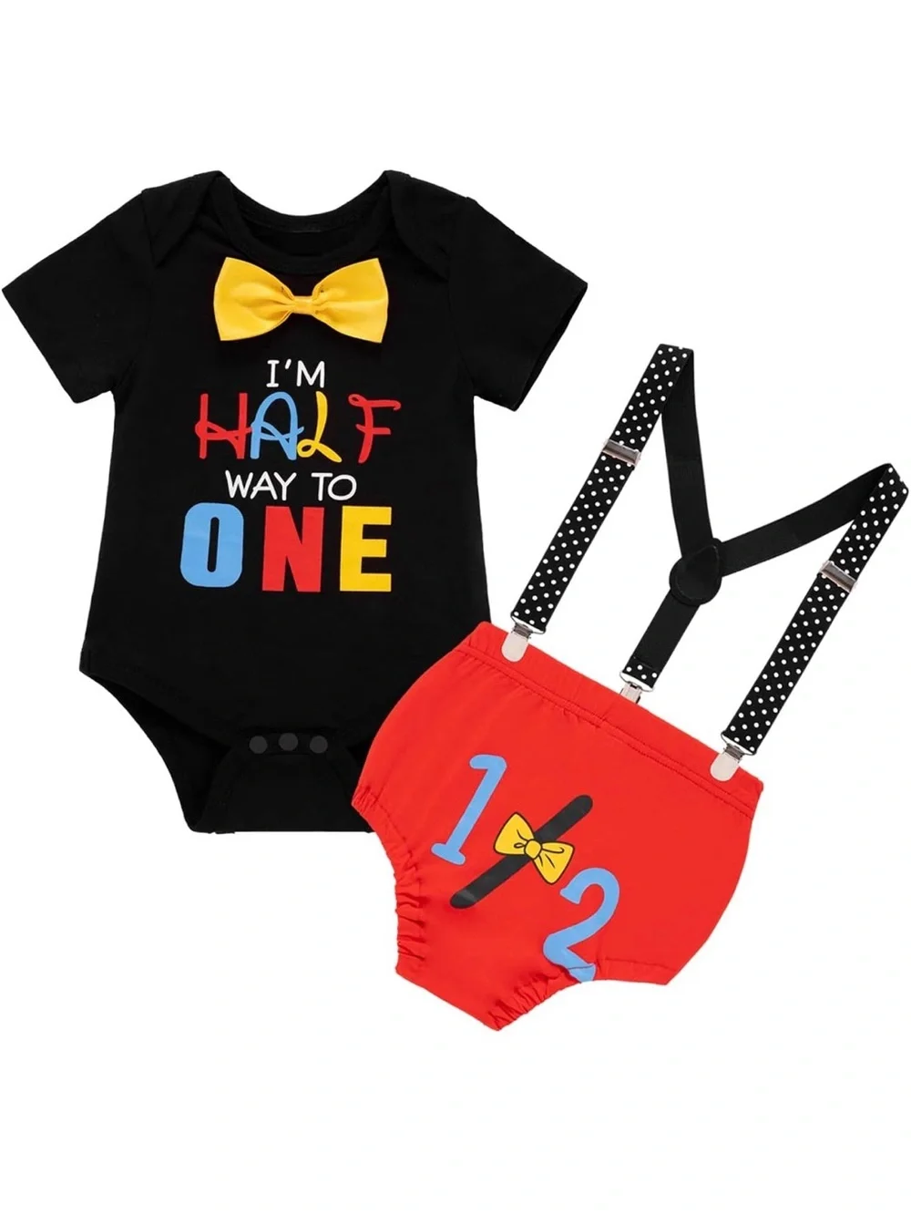 Baby outfit  'I'm Half Way to One' Black Bodysuit with Yellow Bow & Red Bloomers
